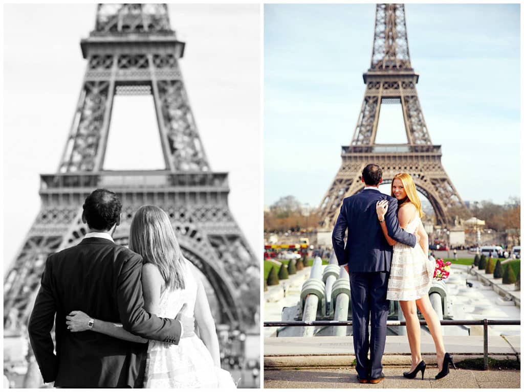 A cute anniversary and baby announcement photo session by the Eiffel Tower in Paris, France