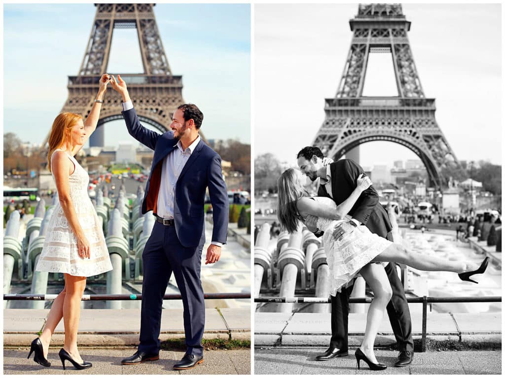 A cute anniversary and baby announcement photo session by the Eiffel Tower in Paris, France