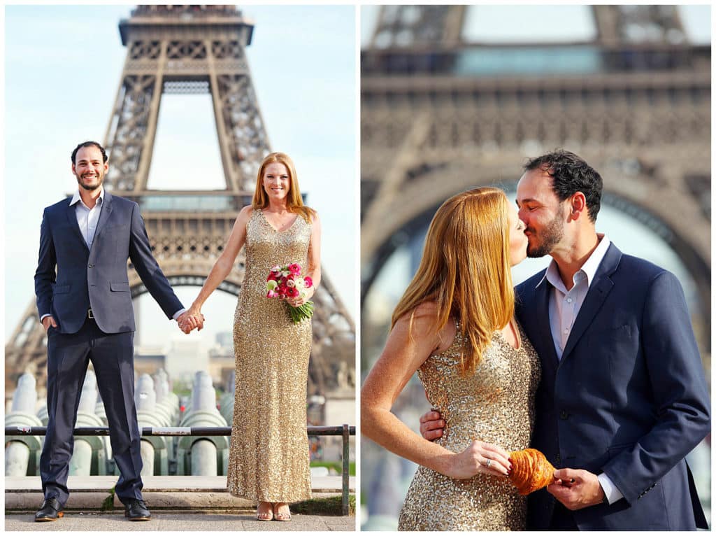 A cute anniversary and baby announcement photo session by the Eiffel Tower in Paris, France