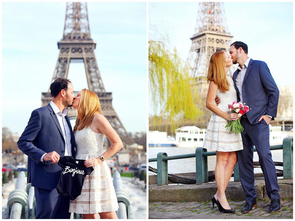 A cute baby announcement and anniversary photo session by the Eiffel Tower in Paris, France