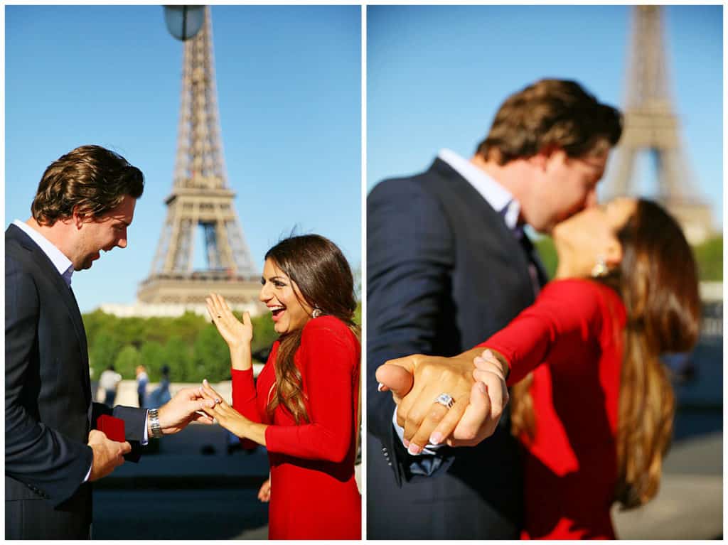 A fairytale surprise proposal in front of the Eiffel Tower in Paris, France