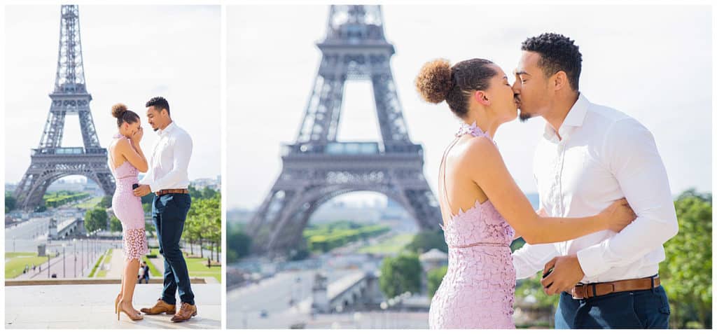 A sweet surprise proposal in front of the Eiffel Tower in Paris, France